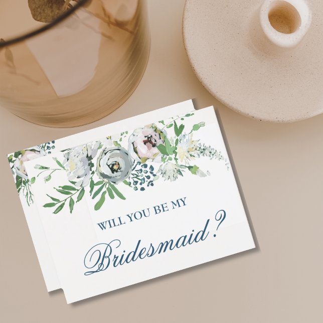 Invitation Carte Postale Seras-Tu Ma Proposition De Servante D'Épouse Plutô (BEAUTIFUL CLASSIC BOHO WATERCOLOR FLORAL WHITE ROSE WILL YOU BE MY BRIDESMAID? )