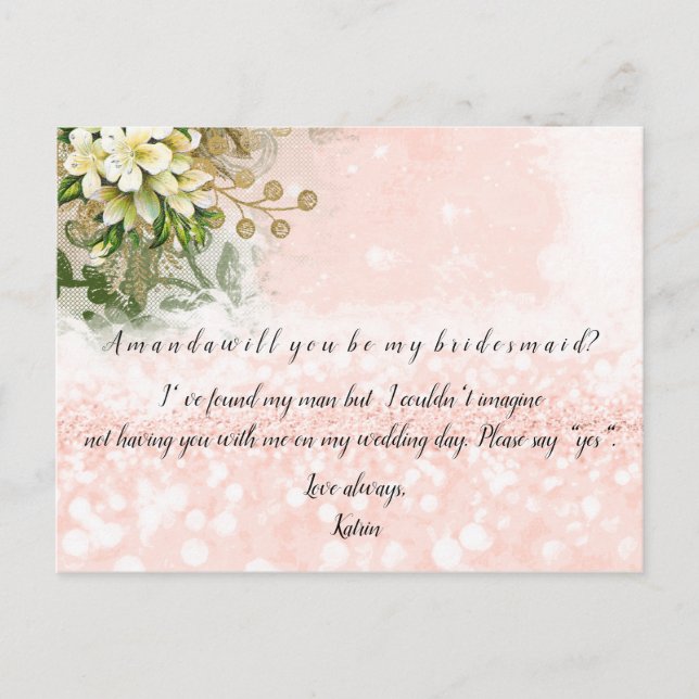 Invitation Carte Postale Seras-Tu Ma Rose D'Épouse Blush Parties scintillan (Devant)