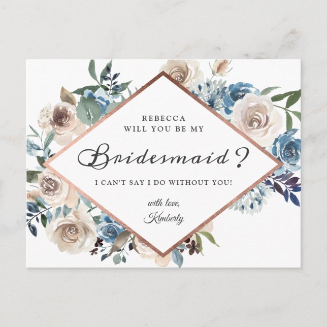 Invitation Carte Postale Serez-Vous Ma Femme D'Accueil Boho Dusty Blue Flor (Devant)