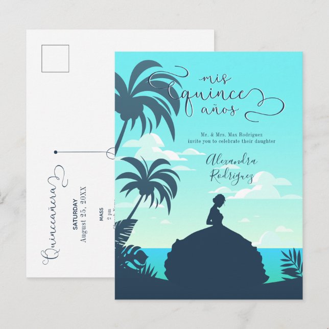 Invitation Carte Postale Silhouette tropicale Quinceanera (Devant / Derrière)