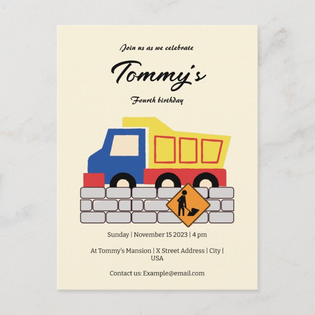 Invitation Carte Postale Simple Cute Truck Construction Age Anniversaire (Devant)