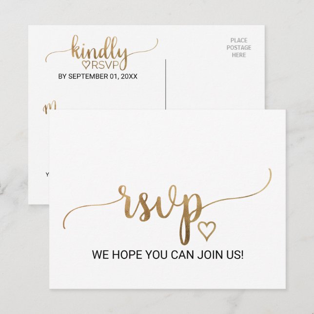 Invitation Carte Postale Simple Gold Calligraphie Demande de chanson RSVP C (Devant / Derrière)