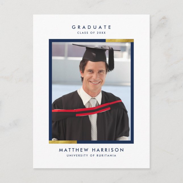 Invitation Carte Postale Simple Navy Blue & Gold Photo Graduation Party (Devant)