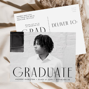 Invitation Carte Postale Simplicité moderne Black Photo Graduation Party
