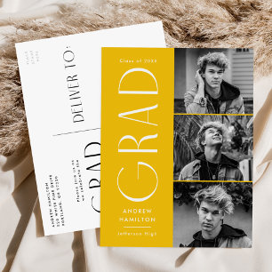 Invitation Carte Postale Simplicité moderne Jaune 3 Photo Graduation Party