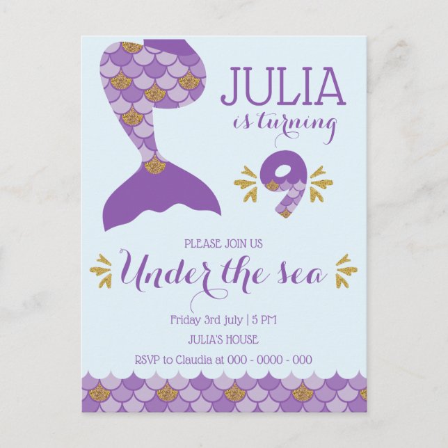 Invitation Carte Postale Sirène d'anniversaire Sirène Numéro 9 (Devant)