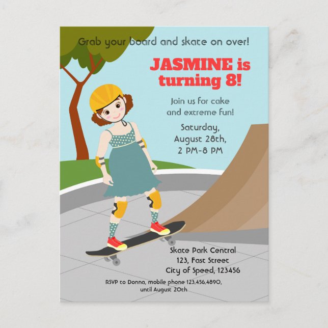 Invitation Carte Postale Skater Park Fun Girl Birthday Party (Devant)
