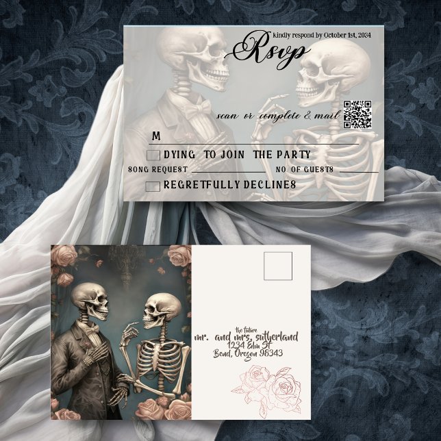 Invitation Carte Postale Skeleton Couple Jusqu'à la mort Faisons-nous parti (Gothic  RSVP postcard QR Code)