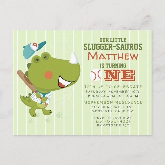 Invitation Carte Postale Slugger-Saurus Baseball Dino Baby Boy 1er annivers (Devant)