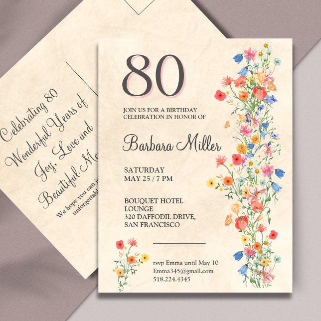Invitation Carte Postale Soft Elegant 80e fête d'anniversaire Floral 80 ans (Créateur téléchargé)
