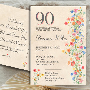 Invitation Carte Postale Soft Elegant 90e fête d'anniversaire Floral 90 ans