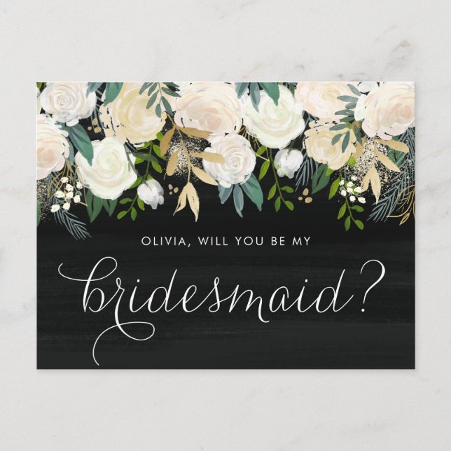 Invitation Carte Postale Soft Ivory Floral Garland Rustic Be My Bridesmaid (Devant)