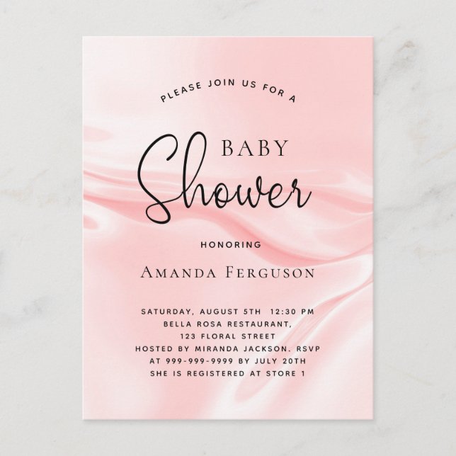Invitation Carte Postale soie en satin rose baby shower (Devant)