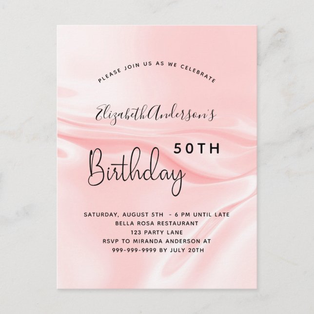 Invitation Carte Postale Soie satinée rose pâle pour la fête d'anniversaire (Devant)