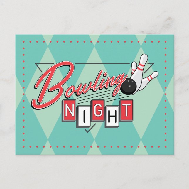 Invitation Carte Postale Soirée Bowling Logo Rétro (Devant)