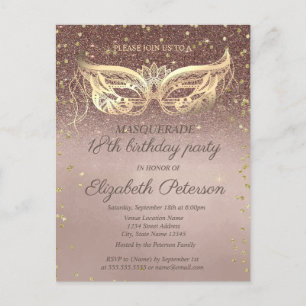 Invitation Carte Postale Soirée d'anniversaire Mascarade Diamants Paillette