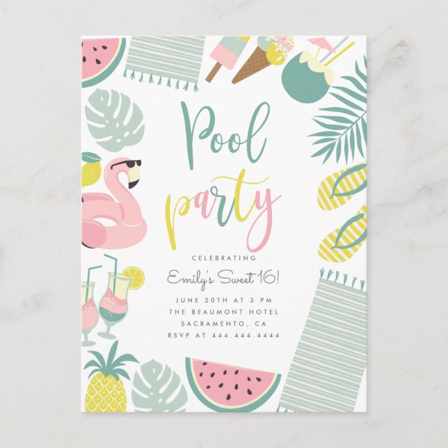 Invitation Carte Postale Soirée de la piscine d'été branchée Script Sweet 1 (Devant)