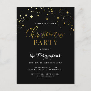 Invitation Carte Postale Soirée de Noël Elégante Black & Gold Star Confetti