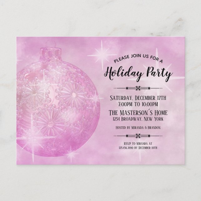 Invitation Carte Postale Soirée de Noël rose Bauble (Devant)