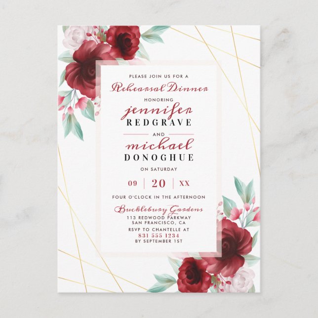 Invitation Carte Postale Soirée de répétition florale Rose Merlot Glam (Devant)
