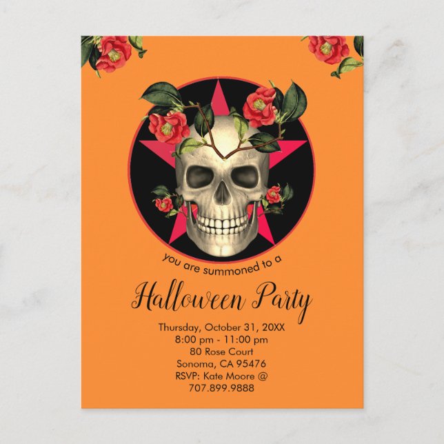 Invitation Carte Postale Soirée D'Halloween Crâne Et Fleurs (Devant)