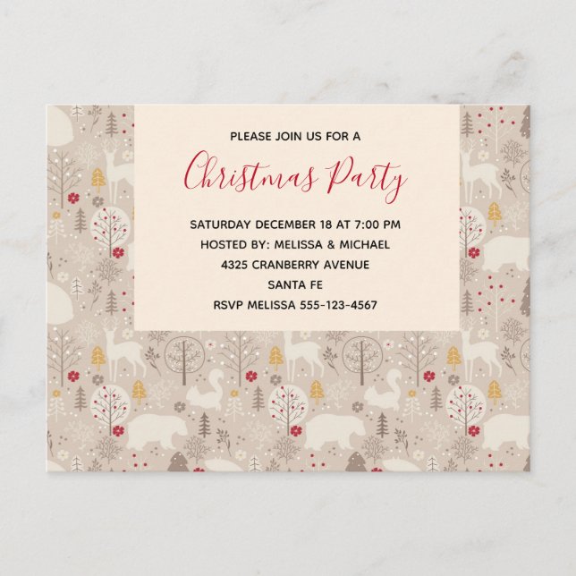 Invitation Carte Postale Soirée Motif de Noël des animaux de bois mignons (Devant)