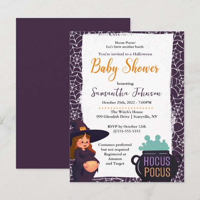 Invitation Carte Postale Sorcière Enceinte Halloween Baby shower Costume Pa (Devant / Derrière)
