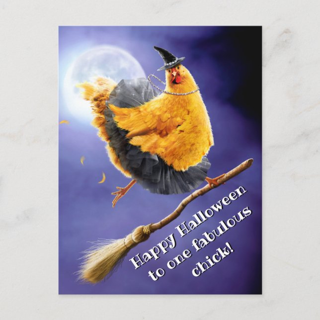Invitation Carte Postale Sorcière Poulet sur Balai (Devant)