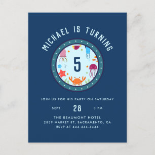 Invitation Carte Postale Sous la mer Animaux Porthole Blue Anniversaire