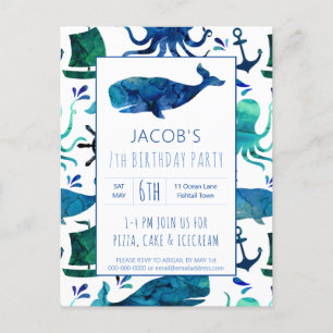 Invitation Carte Postale Sous la mer Aquarelle Baleine Anniversaire Nautiqu