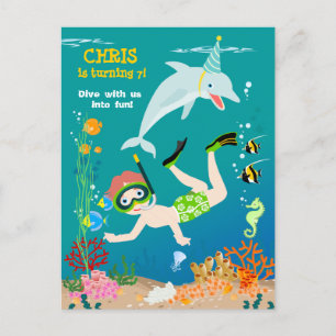 Invitation Carte Postale Sous la mer dauphins et fête d'anniversaire garçon