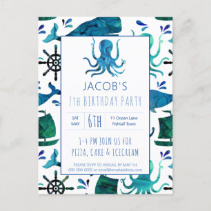 Invitation Carte Postale Sous l'aquarelle de la mer Octopus Anniversaire Na