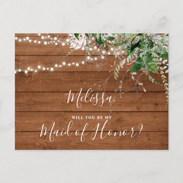 Invitation Carte Postale Soyez ma femme d'honneur Boho Woodland Green (Devant)