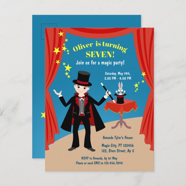 Invitation Carte Postale Spectacle de magicien garçon Fête d'anniversaire (Devant / Derrière)