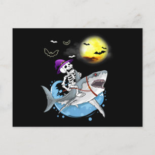 Invitation Carte Postale Squelette drôle chevauchant un requin Halloween ga