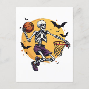 Invitation Carte Postale Squelette effrayant qui fait un dunk au basket-bal
