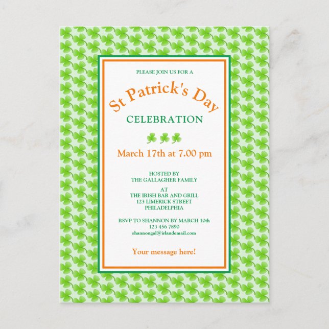 Invitation Carte Postale St Patrick's Day Green Shamrock Party (Devant)