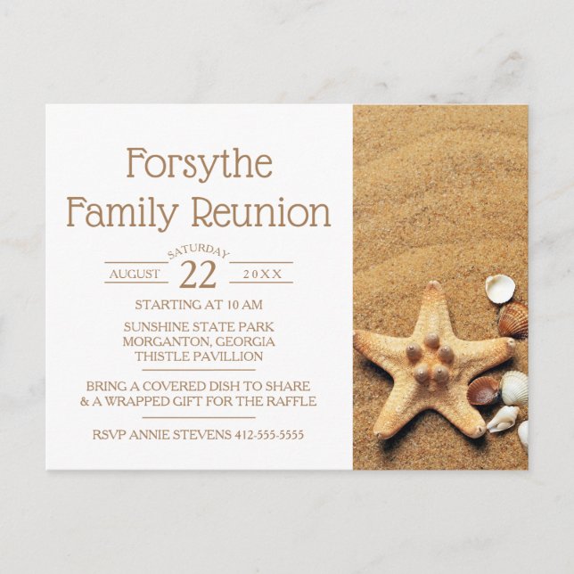 Invitation Carte Postale Starfish Et Seashells Beach Reunion Famille (Devant)