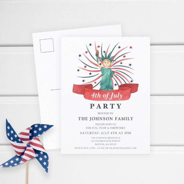 Invitation Carte Postale Statue Patriotique De La Liberté 4 juillet Parti (Cute Patriotic Statue Of Liberty 4th Of July Party Invitation Postcard)