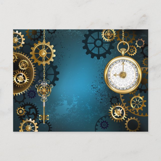 Invitation Carte Postale Steampunk Arrière - plan turquoise avec Gears (Devant)