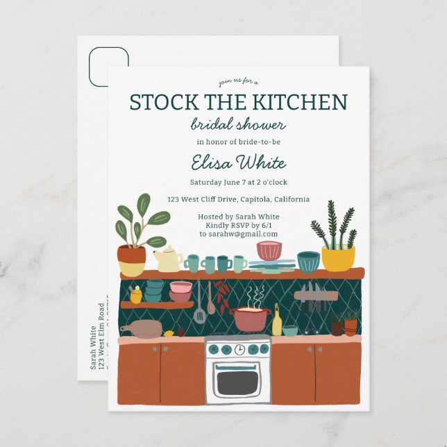 Invitation Carte Postale STOCK THE KITCHEN Bridal Shower Cute CUSTOM (Devant / Derrière)