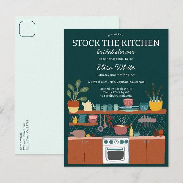 Invitation Carte Postale STOCK THE KITCHEN Bridal Shower Cute CUSTOM (Devant / Derrière)