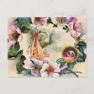 INVITATION CARTE POSTALE STORK BABY SHOWER FILLE, ROSE ROSES SAUVAGE MONOGR