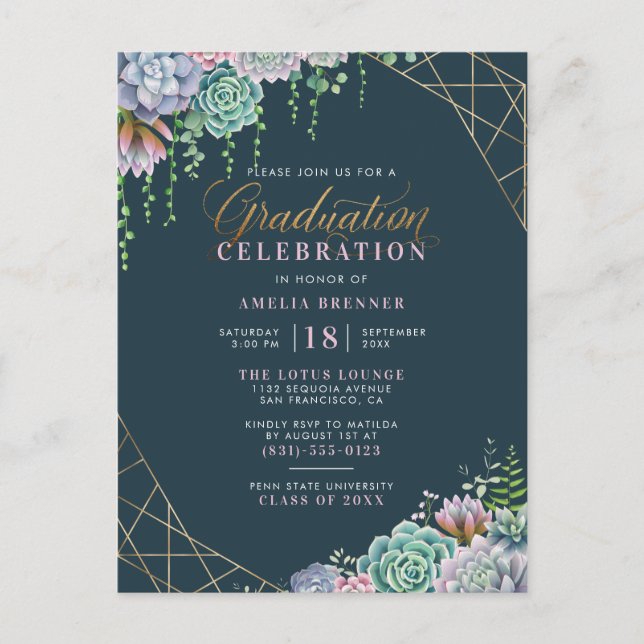 Invitation Carte Postale Succulents et Parties scintillant d'or Script Grad (Devant)