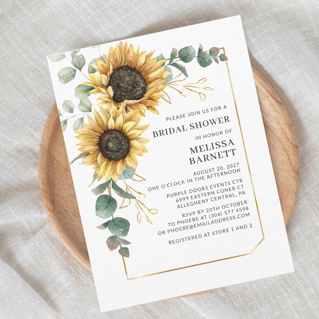 Invitation Carte Postale Sunflower Eucalyptus Gold Frame Fête des mariées (Modern Sunflower Eucalyptus Script First Last Name Bridal Shower Invitation)