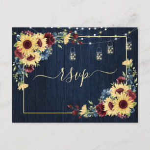 Invitation Carte Postale Sunflower Navy Bleu Bourgogne Bois Floral +Menu