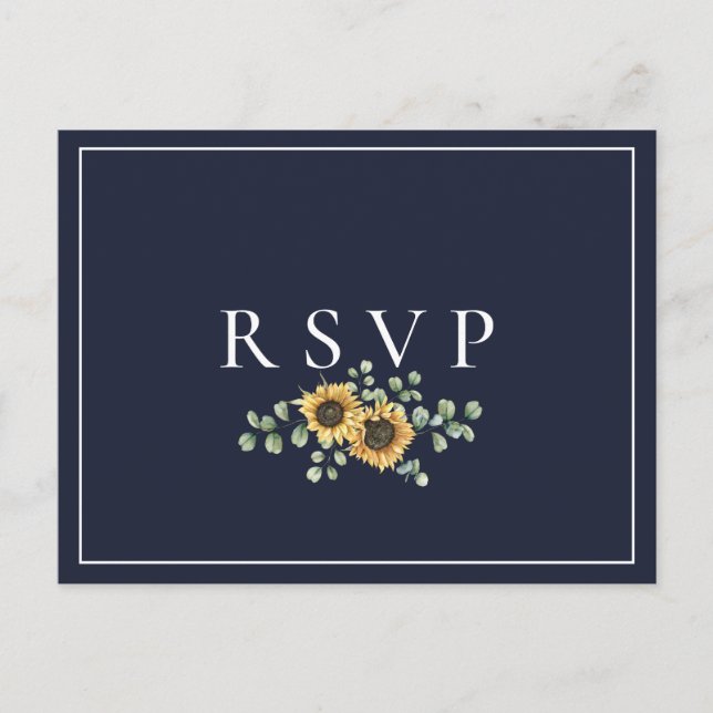 Invitation Carte Postale Sunflower Navy Blue Wedding RSVP Song Request (Devant)
