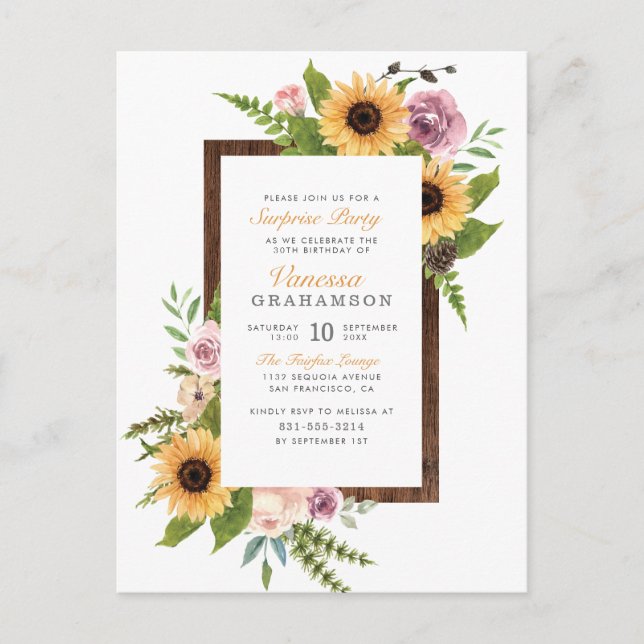 Invitation Carte Postale Sunflower Rose Grange Wood Pays Surprise Party (Devant)
