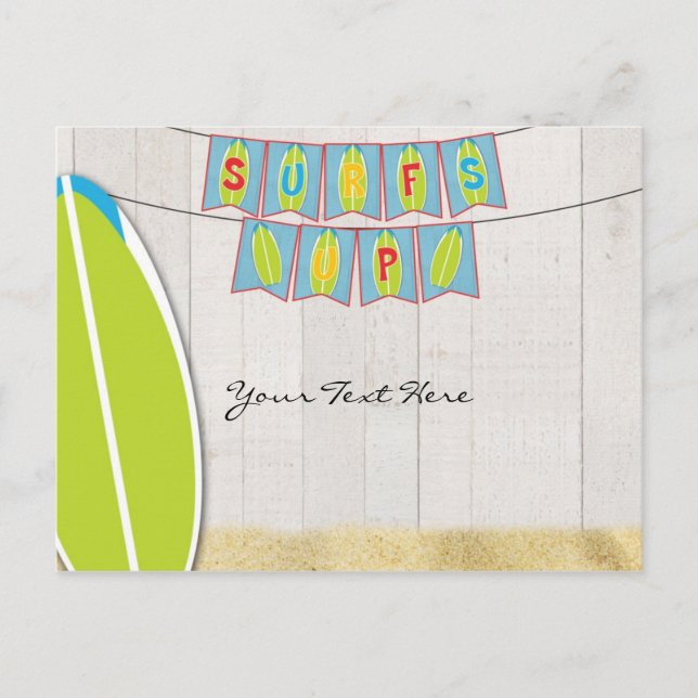 Invitation Carte Postale Surf Up Bannière et planche White Wood Beach Party (Devant)
