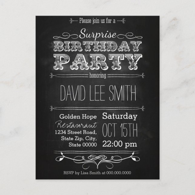 Invitation Carte Postale Surprise Birthday Party (Devant)